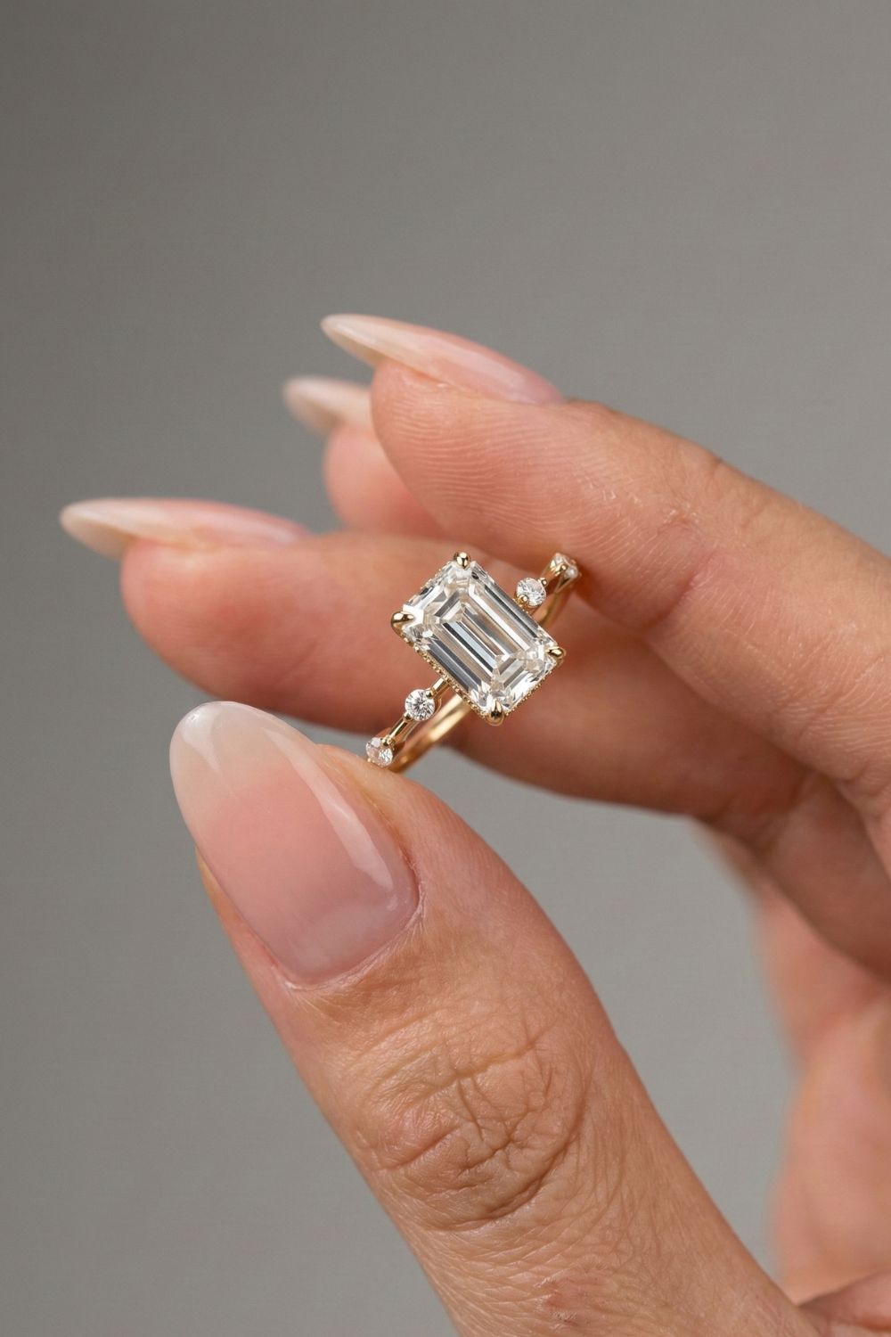 Emerald Cut Hidden Halo Dainty Moissanite Engagement Ring