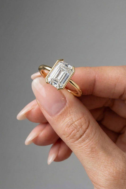 Emerald Cut Half Bezel Solitaire Moissanite Engagement Ring