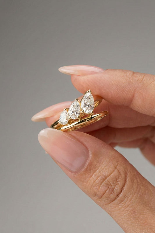 Pear Cut Lab grown Diamond Double Band Three Stone Engagement Ring