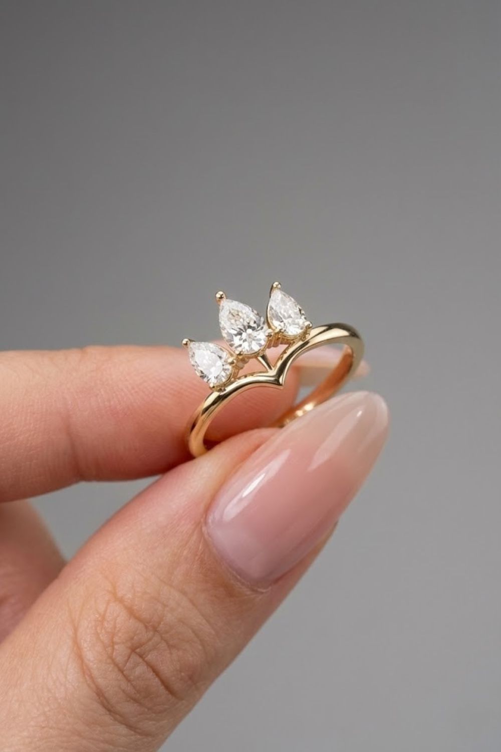 Pear Cut Three Stone Crown Style Moissanite Engagement Ring