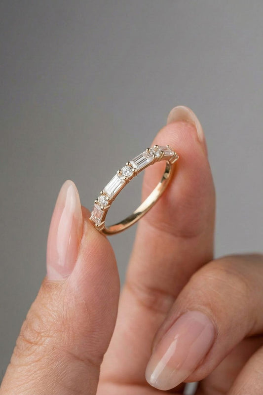 Baguette & Round Moissanite Half Eternity Wedding Band