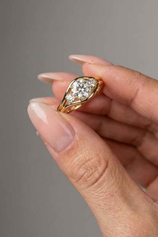 Round Cut Semi Bezel Three Stone Moissanite Engagement Ring