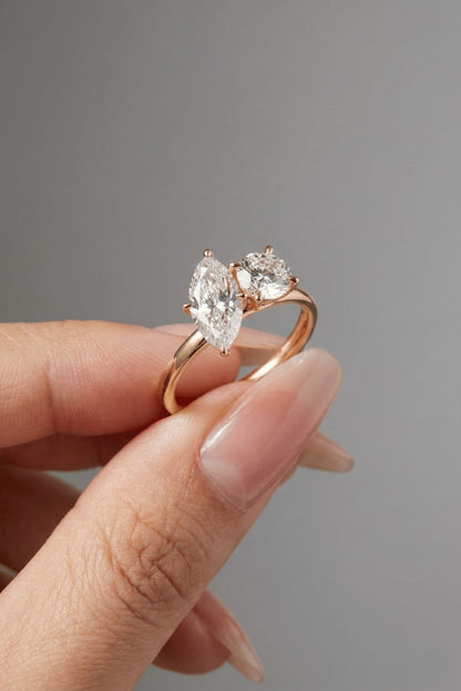 Marquise & Round Cut Two Stone Moissanite Engagement Ring