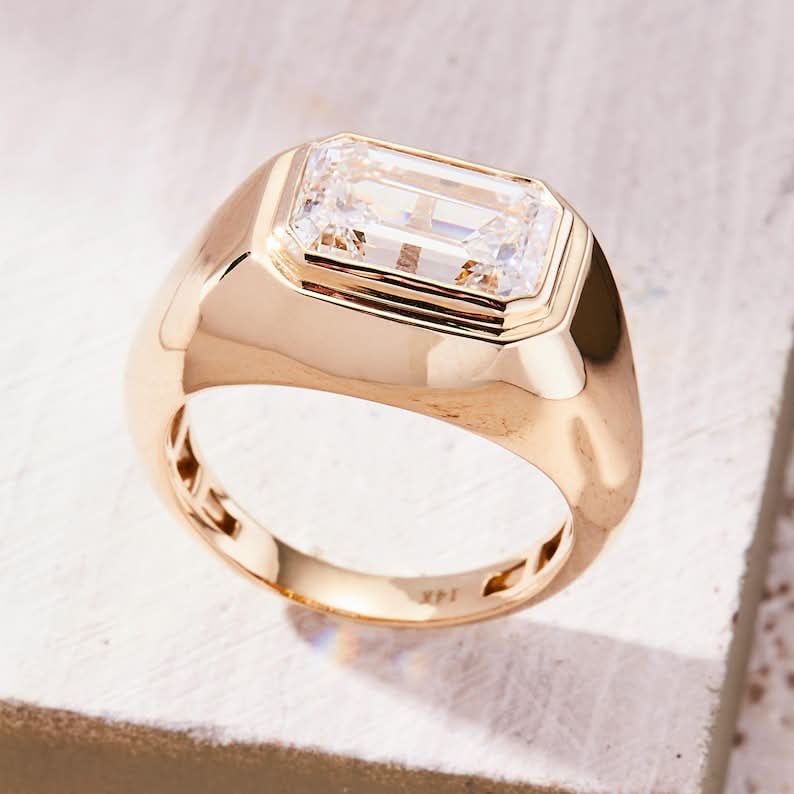 3 CT Emerald Cut Flush Set Moissanite Engagement Ring