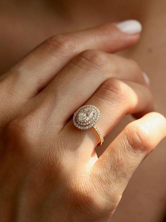 1 CT - 3 CT Oval Cut Lab grown Diamond Double Halo & Pave Engagement Ring