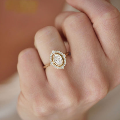 0.7 CT Oval Cut Moissanite Art Deco Mosaic Engagement Ring