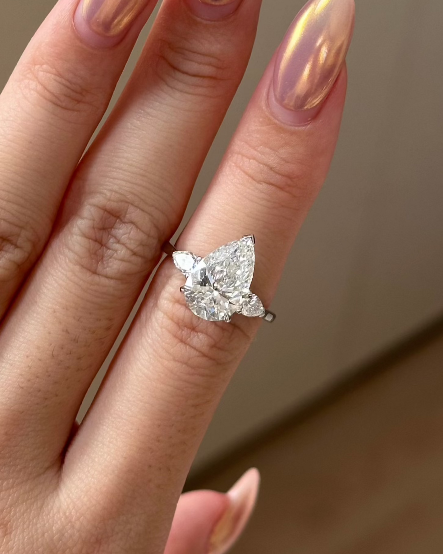 3.07 CT Pear Cut Lab grown Diamond Three Stone Engagement Ring