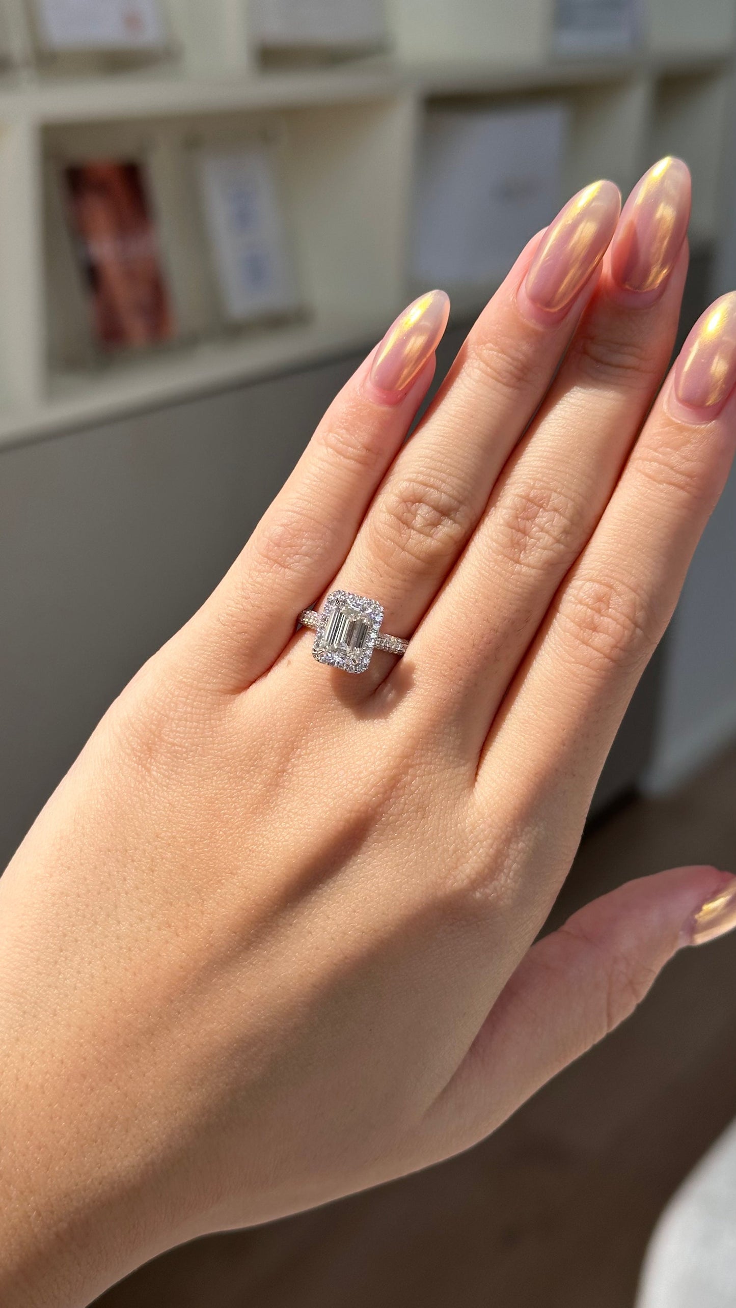 2 CT Emerald Cut Lab grown Diamond Glitter Pave with Halo Engagement Ring