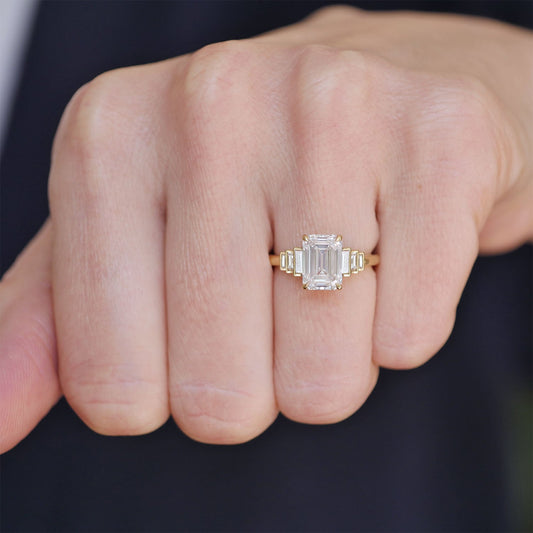 2.7 CT Emerald Cut Moissanite Cluster Engagement Ring