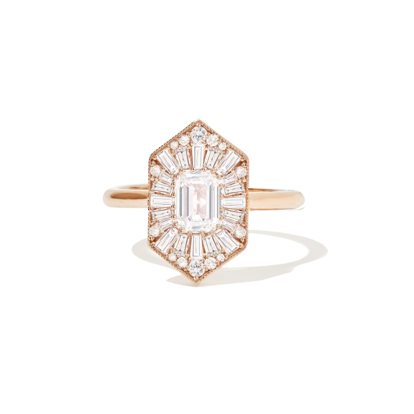 0.56 CT Emerald Cut Moissanite Hexagon Shape Mosaic Engagement Ring