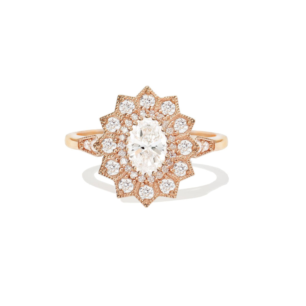0.74 CT Oval Cut Moissanite Sunflower Style Mosaic Engagement Ring