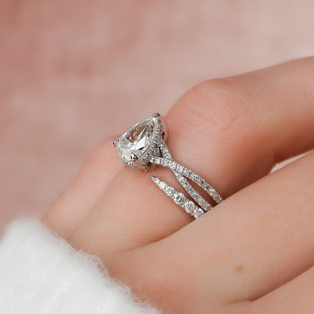 1.5 CT Pear Cut Hidden Halo Moissanite Half Eternity With Split Shank Bridal Set