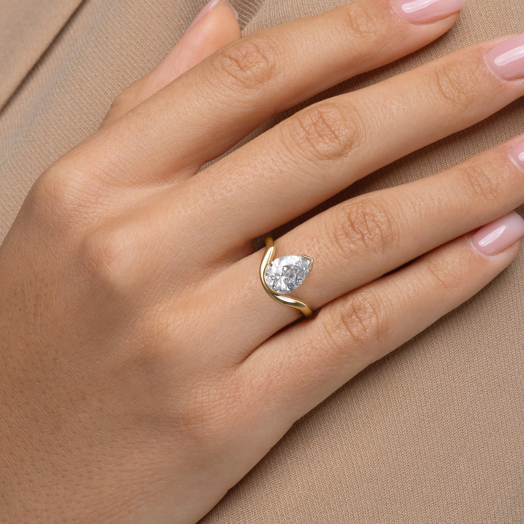 2 CT Pear Cut Half Bezel Floating Solitaire Moissanite Engagement Ring
