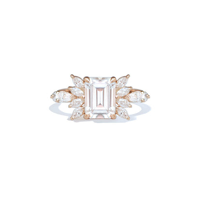 1.5 CT Emerald Cut Moissanite Peacock Style Mosaic Engagement Ring