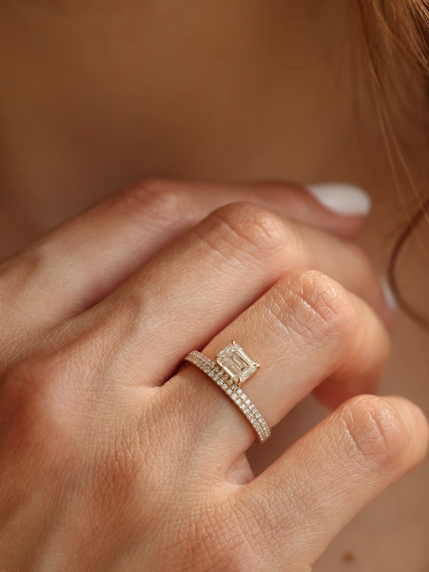 1 CT - 3 CT East-West Emerald Cut Lab grown Diamond Double Band Pave Engagement Ring