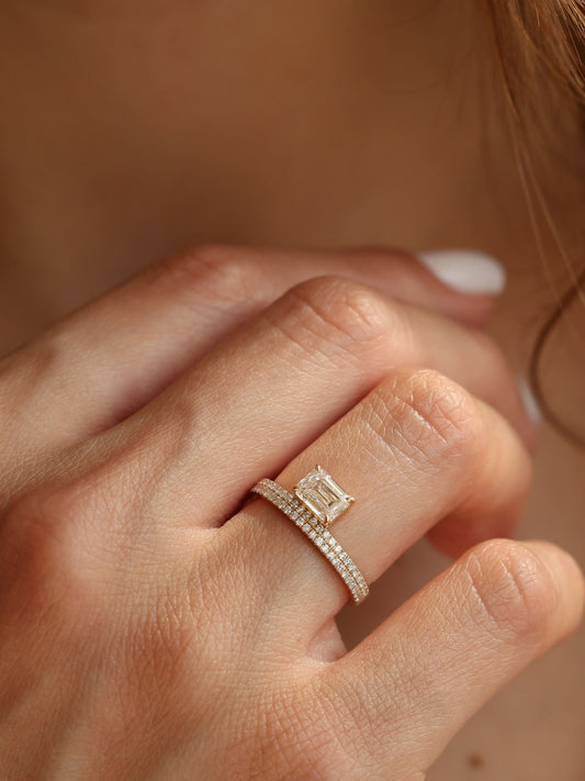 1 CT - 3 CT East-West Emerald Cut Lab grown Diamond Double Band Pave Engagement Ring