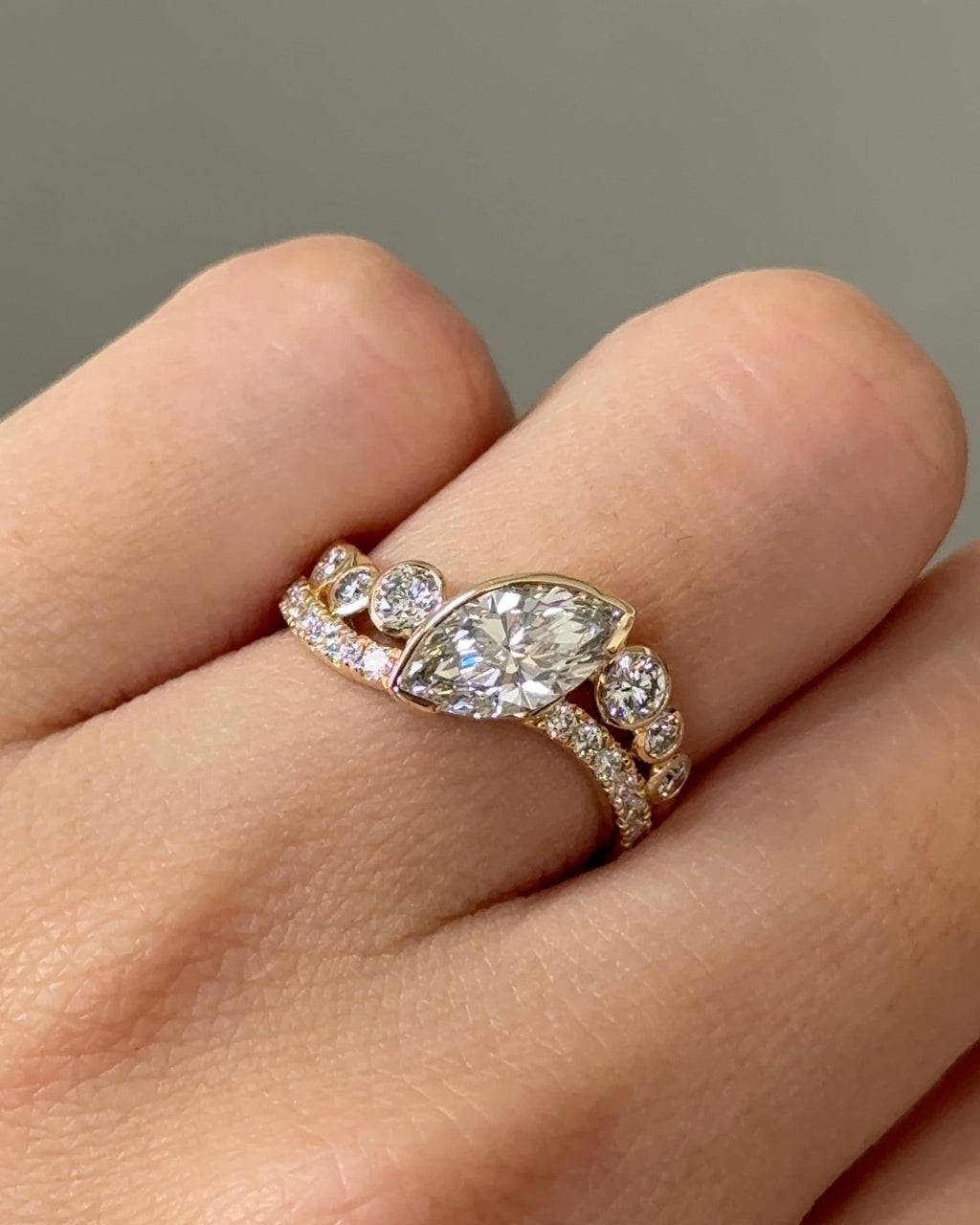 1.09 CT Marquise Cut Lab grown Diamond Bezel Arc Curvy With Pave Engagement Ring