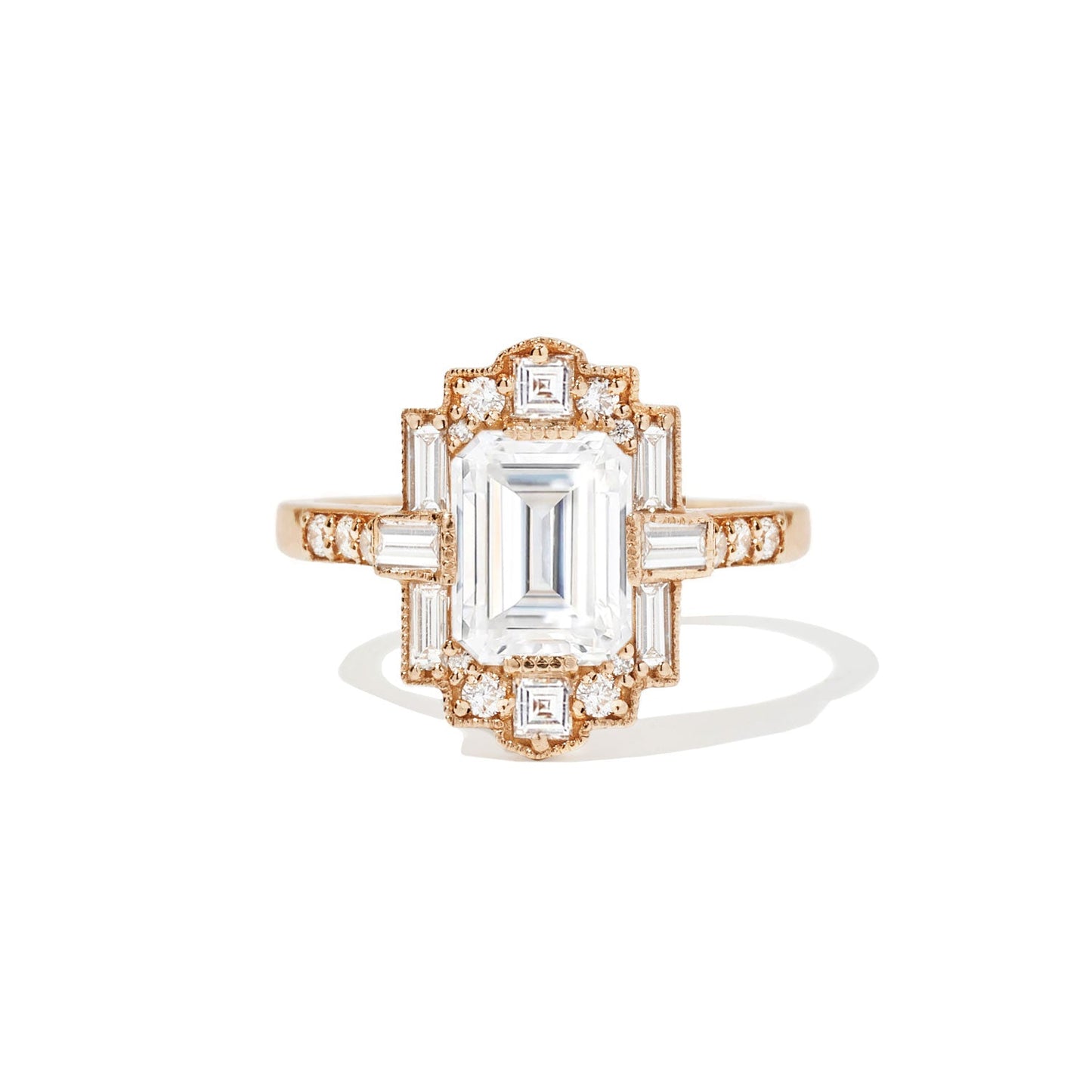 1.5 CT Emerald Cut Moissanite Art Deco Mosaic Engagement Ring