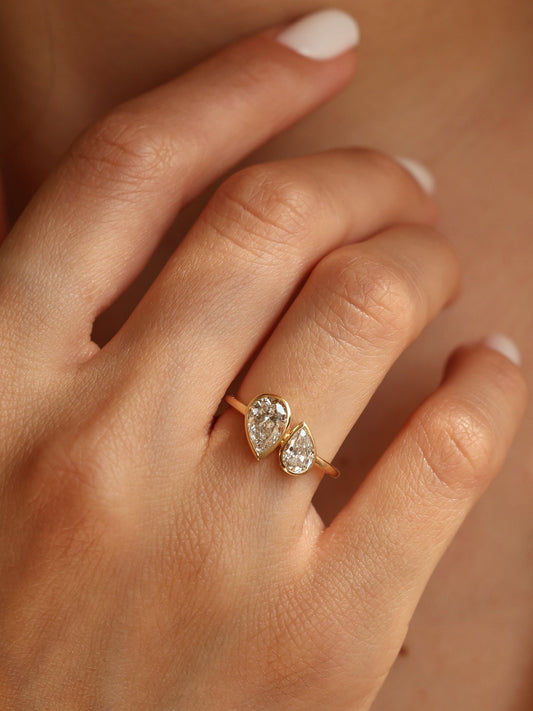 1.5 TCW Pear Cut Lab grown Diamond Two Stone & Bezel Engagement Ring