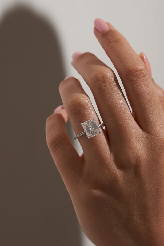 2.5 CT - 3.5 CT Emerald Cut Hidden Halo & Pave Moissanite Engagement Ring