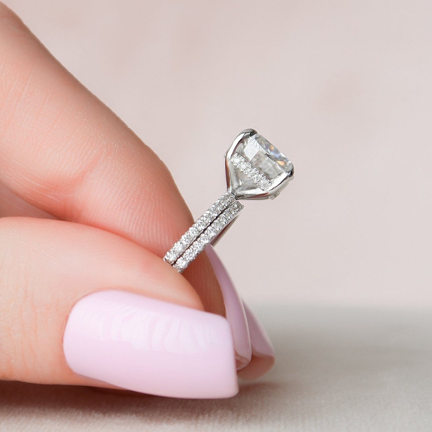 2.0 CT Cushion Cut Hidden Halo Moissanite Eternity Bridal Set