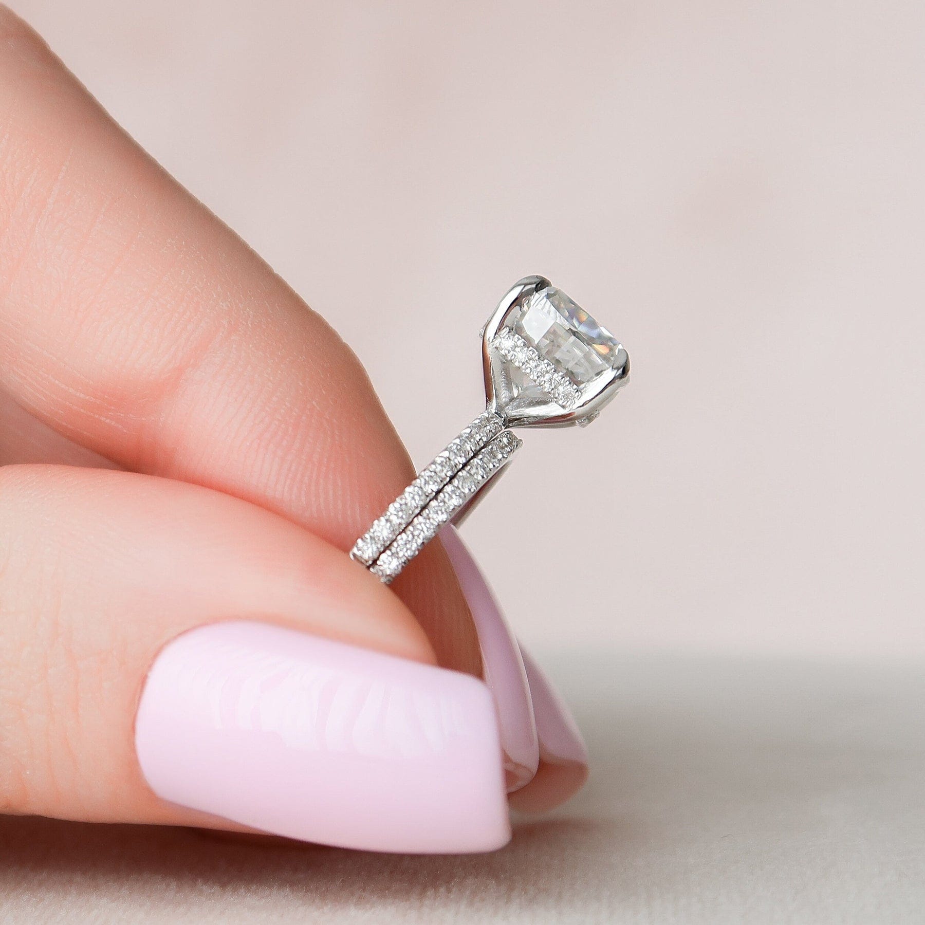 2.0 CT Cushion Cut Hidden Halo Moissanite Eternity Bridal Set
