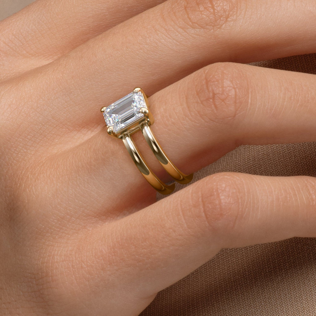 2 CT Emerald Cut Double Band Solitaire Moissanite Engagement Ring