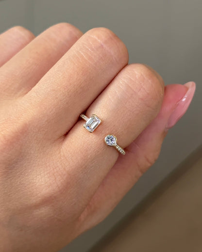 0.56 TCW Emerald & Round CVD Diamond Bezel with Open Cuff Wedding Band