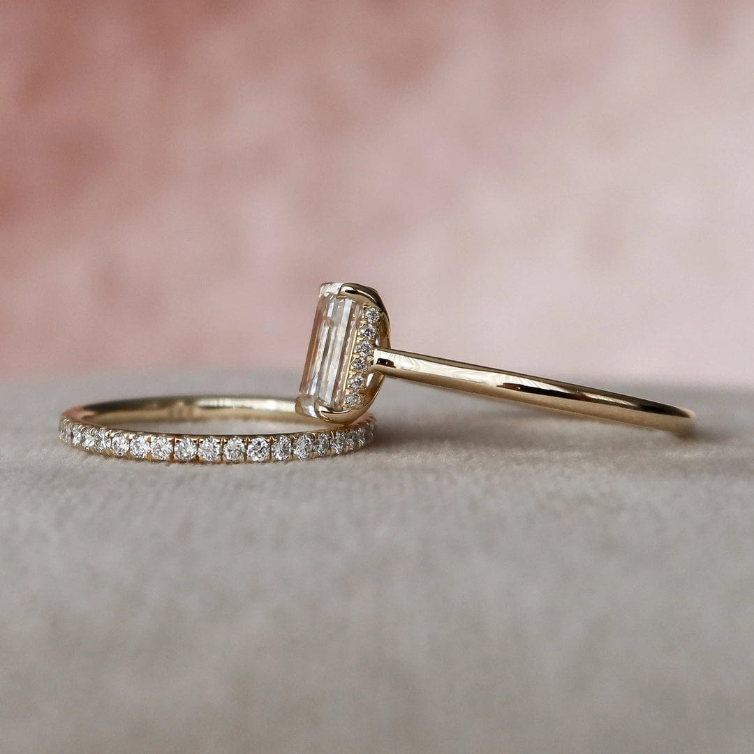 2.0 CT Emerald Cut Hidden Halo Moissanite Solitaire Bridal Set