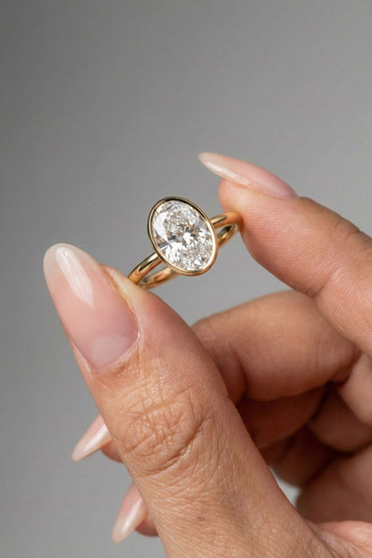 1 CT - 3 CT Oval Cut Lab grown Diamond Hidden Halo & Bezel Setting Engagement Ring