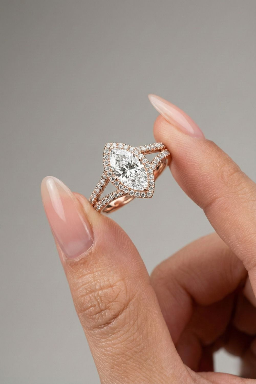 Marquise Cut Split Shank Halo Pave Moissanite Engagement Ring