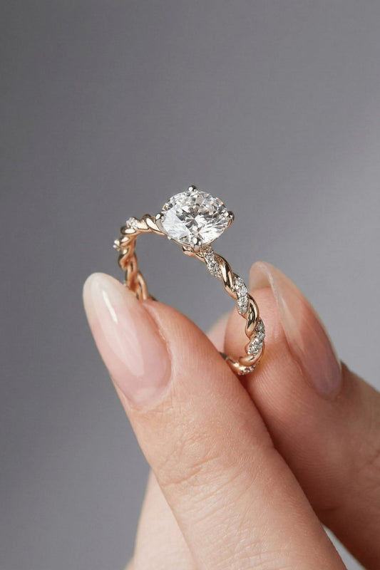Round Cut Twisted Pave Style Moissanite Engagement Ring
