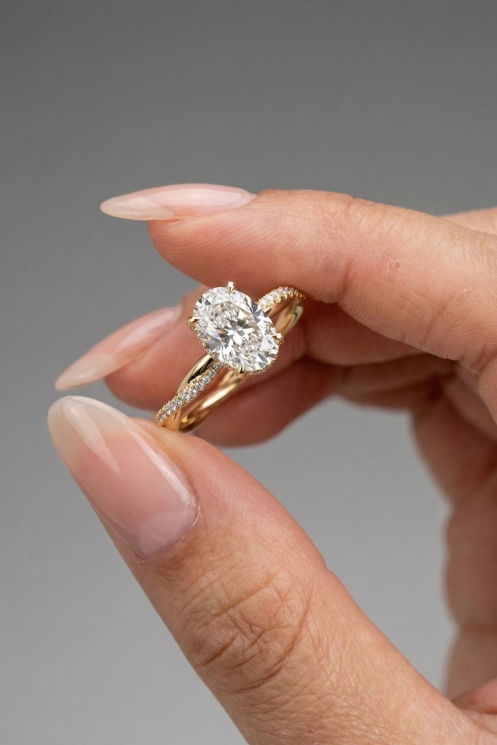 Oval Cut Hidden Halo Twisted Pave Style Moissanite Engagement Ring