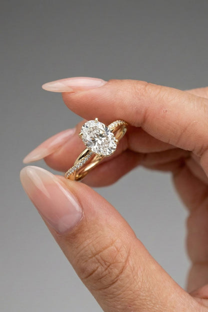 Oval Cut Hidden Halo Twisted Pave Style Moissanite Engagement Ring