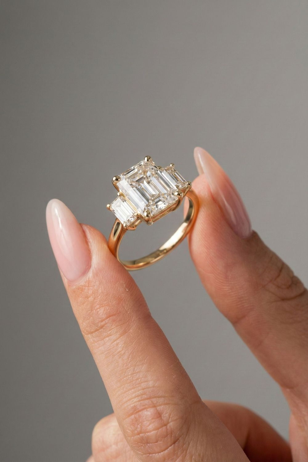 Emerald Cut Lab grown Diamond Three Stone Engagement Ring