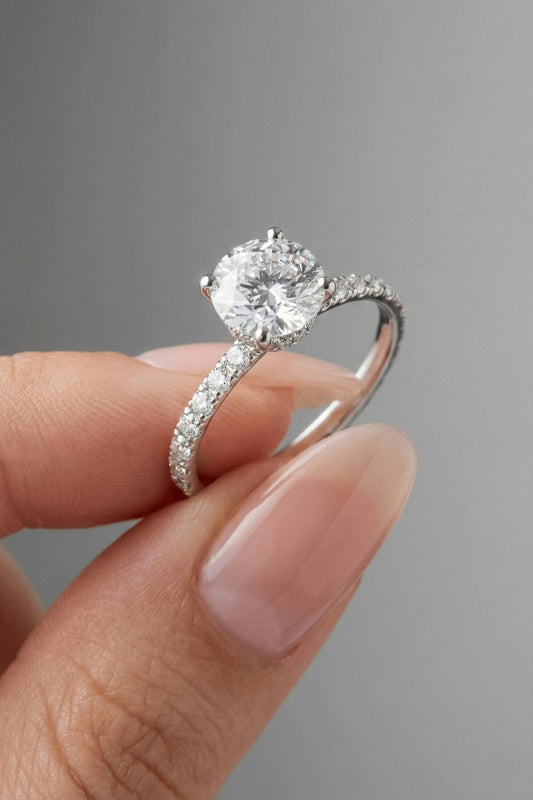Round Cut Hidden Halo & Pave Moissanite Engagement Ring