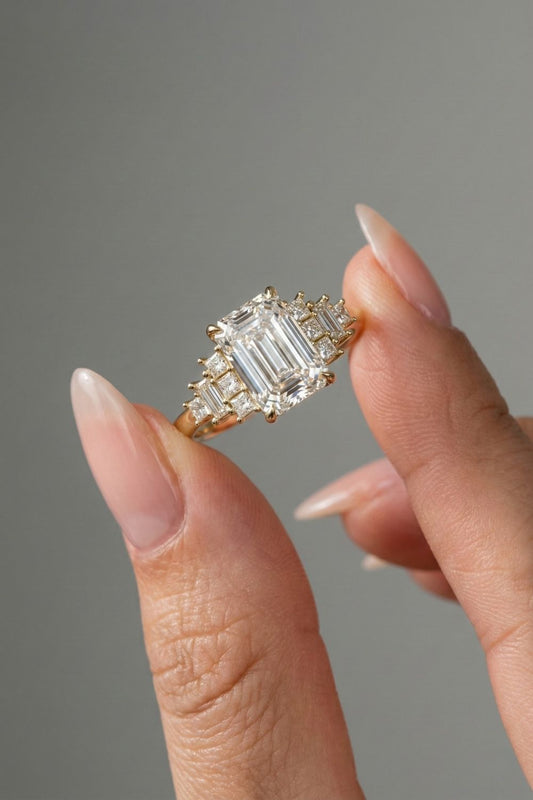 Emerald Cut Lab grown Diamond Cluster Engagement Ring
