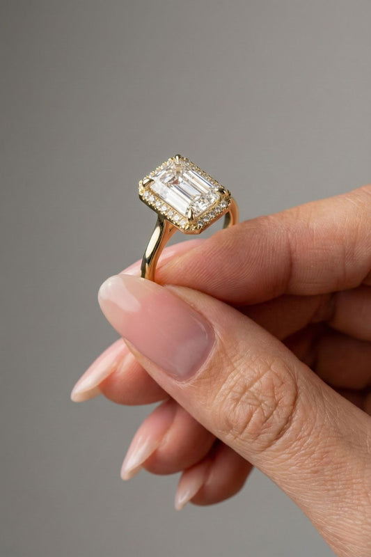 Emerald Cut Lab grown Diamond Halo Cathedral Setting Engagement Ring
