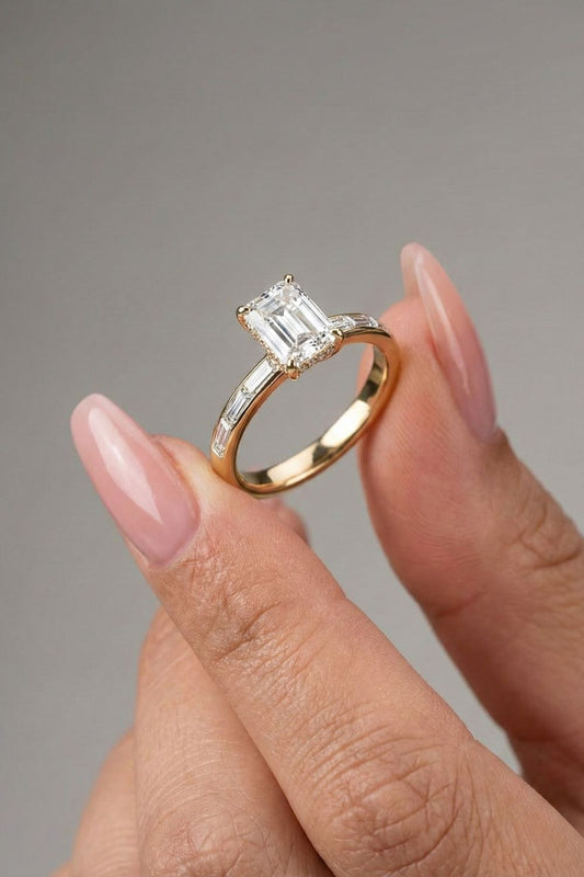 Emerald Cut Hidden Halo Channel Setting Moissanite Engagement Ring