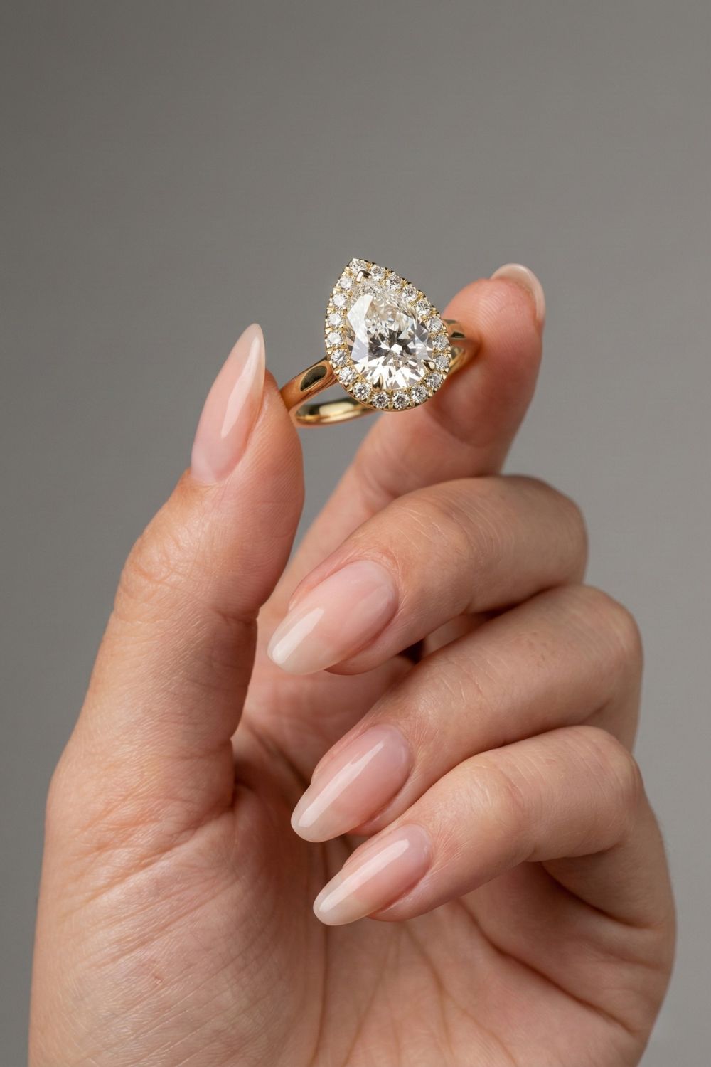 Pear Cut Lab grown Diamond Halo Cathedral Setting Engagement Ring