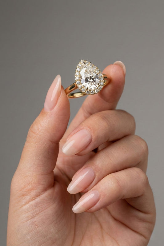 Pear Cut Lab grown Diamond Halo Cathedral Setting Engagement Ring