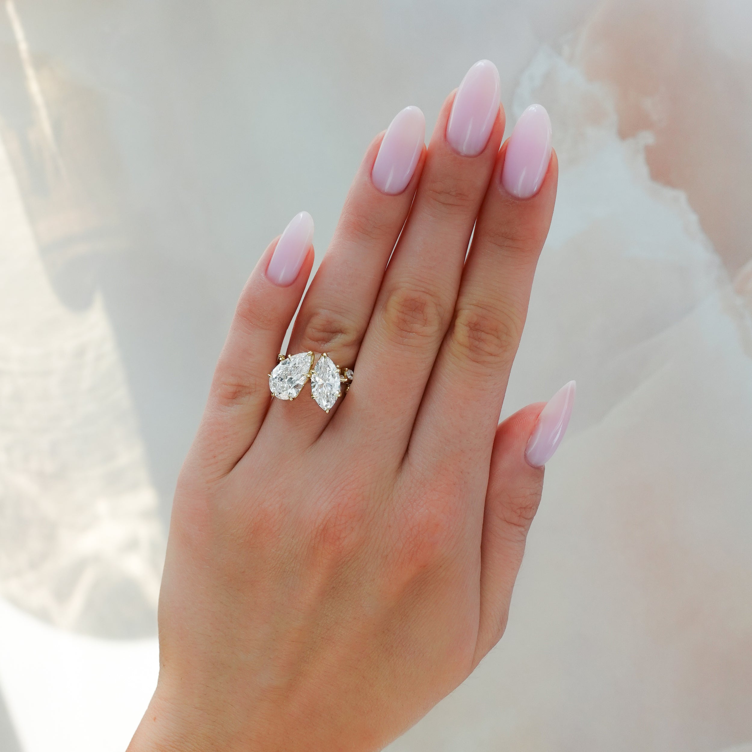 3.5 TCW Pear & Marquise Cut Lab grown Diamond Two Stone Nature Inspired Engagement Ring