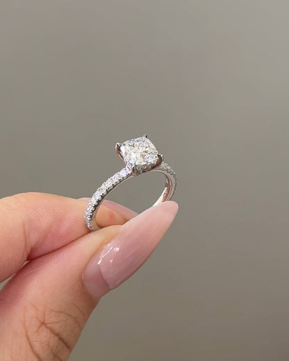1.13 CT Cushion Cut Lab grown Diamond Micro Pave With Hidden Halo Engagement Ring