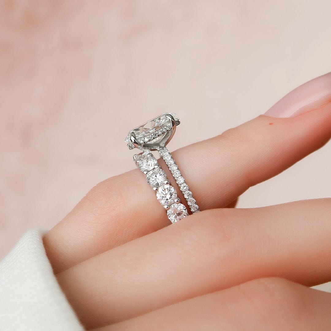 3.0 CT Oval Cut Hidden Halo Moissanite Eternity Bridal Set