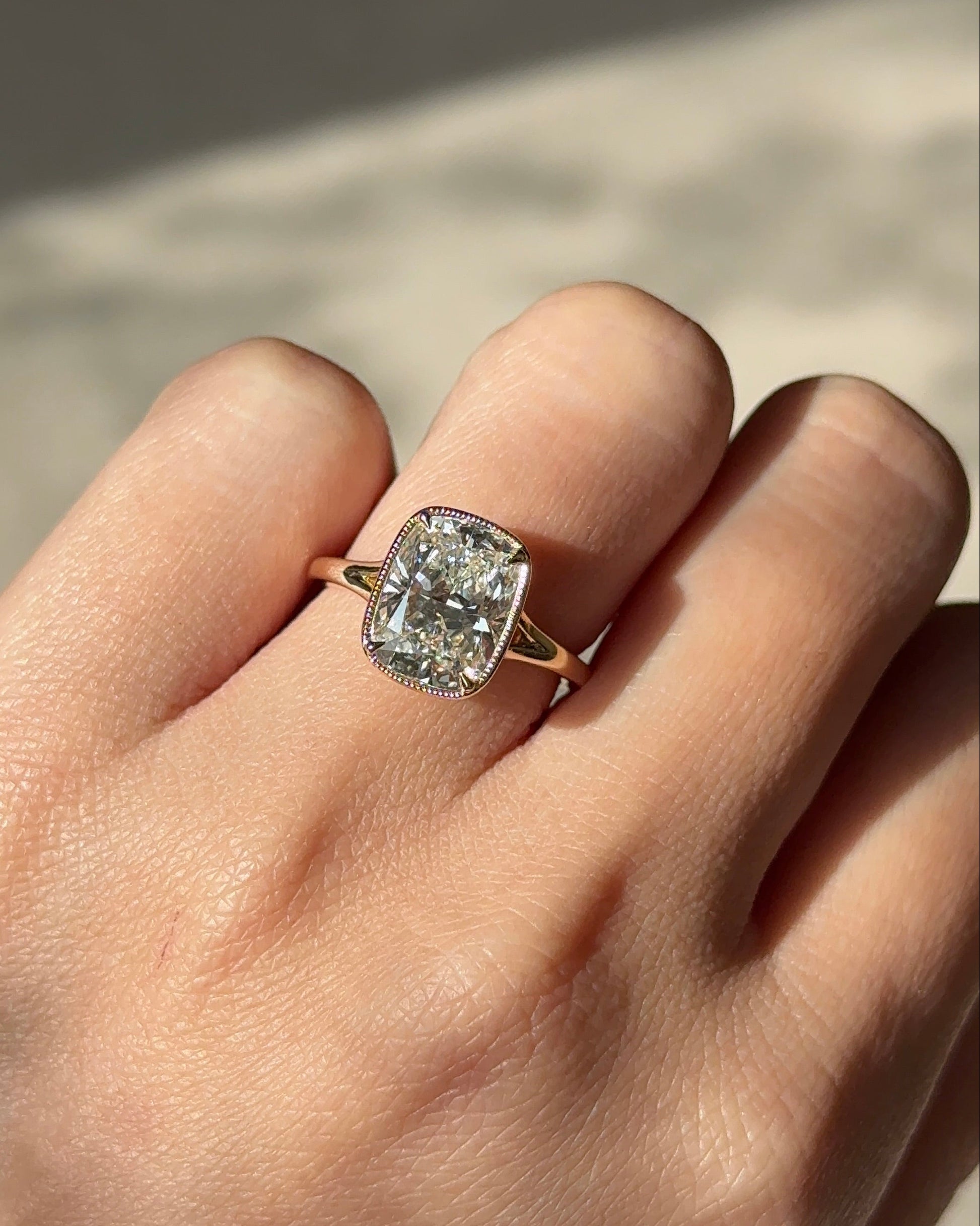 3.1 CT Elongated Cushion Cut Lab grown Diamond Semi Bezel Engagement Ring