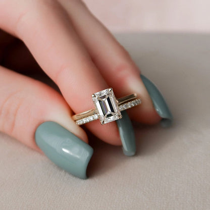 2.0 CT Emerald Cut Hidden Halo Moissanite Solitaire Bridal Set