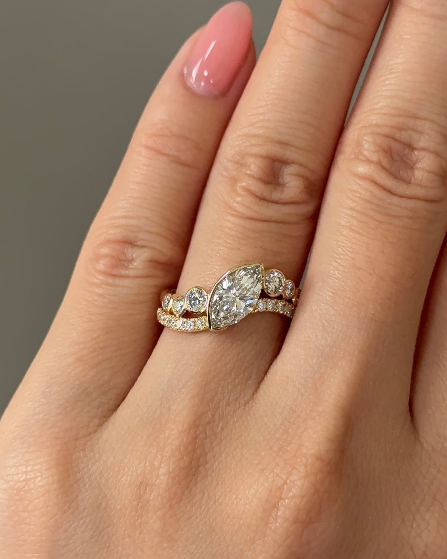 1.09 CT Marquise Cut Lab grown Diamond Bezel Arc Curvy With Pave Engagement Ring