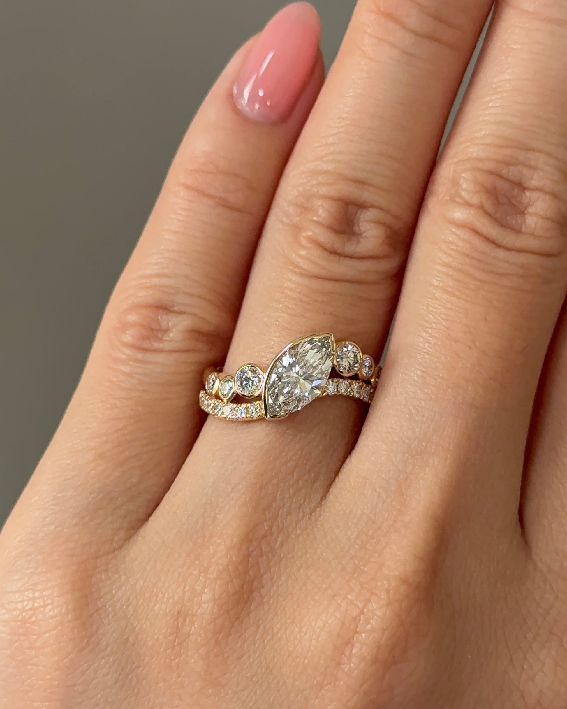 1.09 CT Marquise Cut Lab grown Diamond Bezel Arc Curvy With Pave Engagement Ring