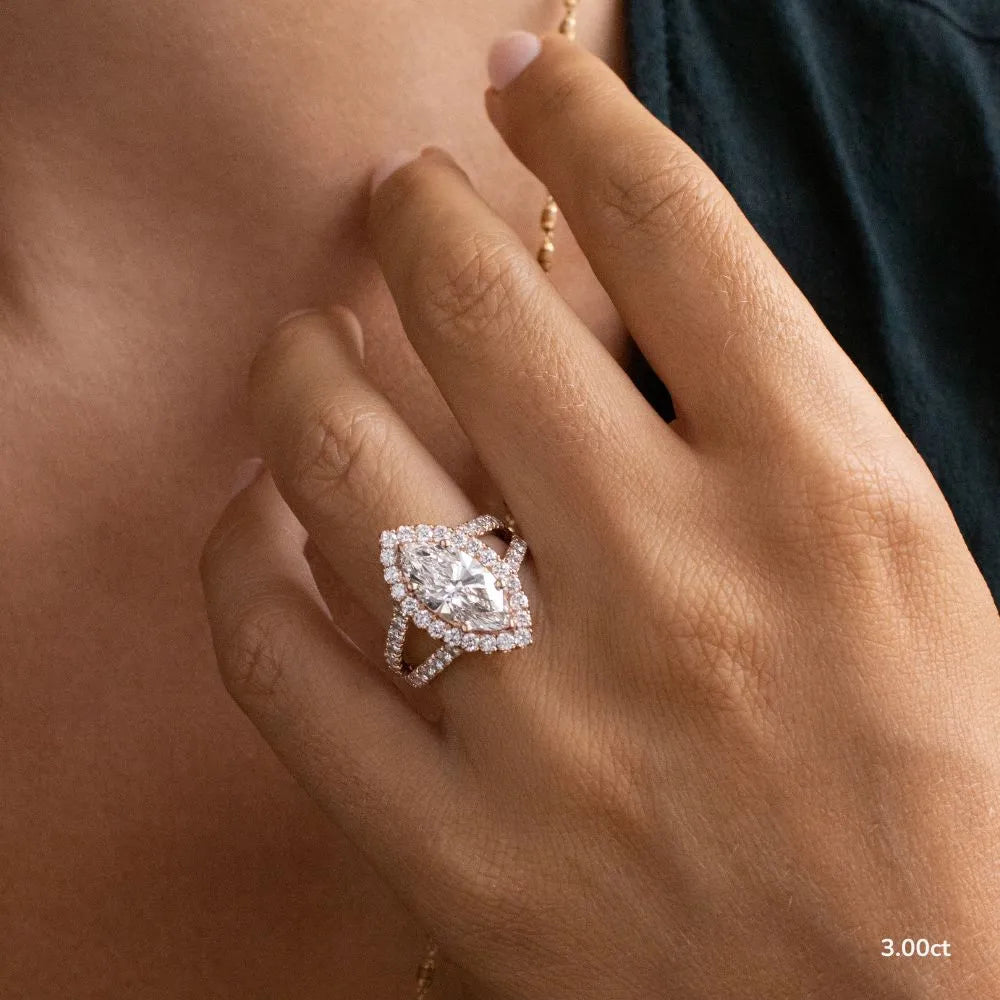 3 CT Marquise Cut Split Shank Halo Pave Moissanite Engagement Ring