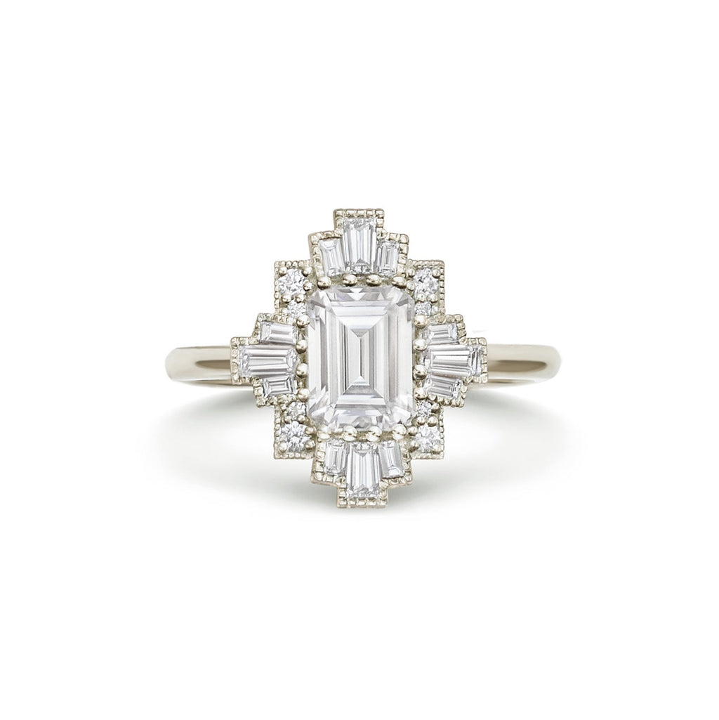 1.5 CT Emerald Cut Moissanite Cluster Mosaic Engagement Ring